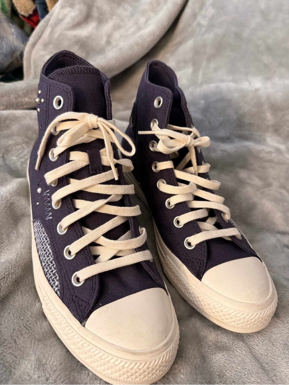 Converse High Top Sneakers in Dark Navy with Cream Accents - Picture 2 of 7